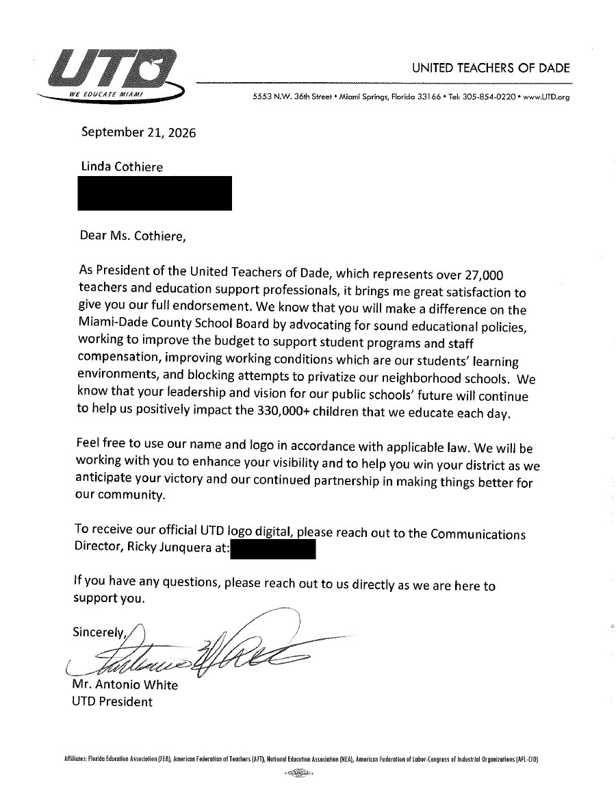 La carta de respaldo de UTD a Linda Cothiere, firmada por el presidente de UTD, Antonio White, 21 de septiembre de 2026