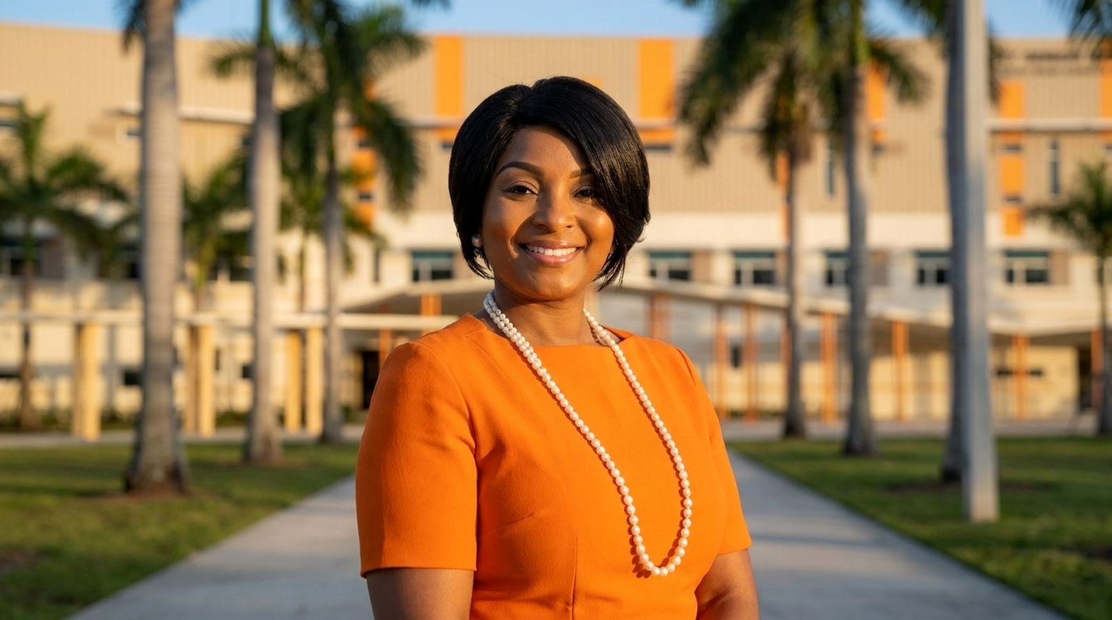 Linda Cothiere smiling outside Miami Carol City Senior High at golden hour